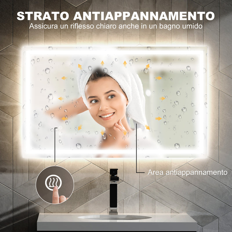 Specchio per Bagno con Luci LED a 3 Tonalità 100x3x60 cm Antiappannamento e Strato Antiurto    