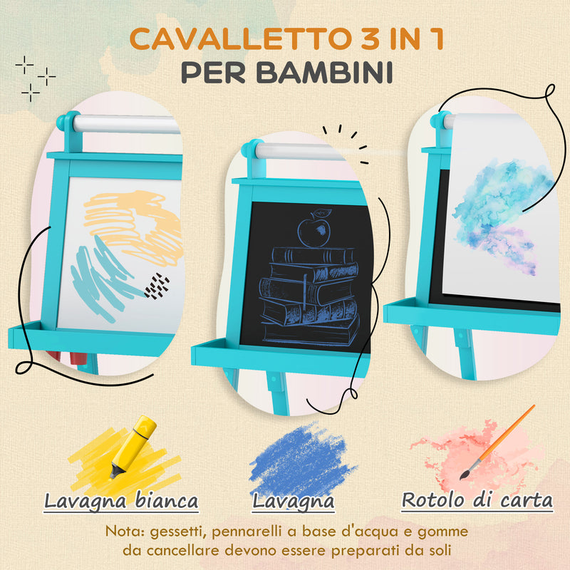 Lavagna per Bambini 3 in 1 con Cavalletto 59x48x118 cm Blu 