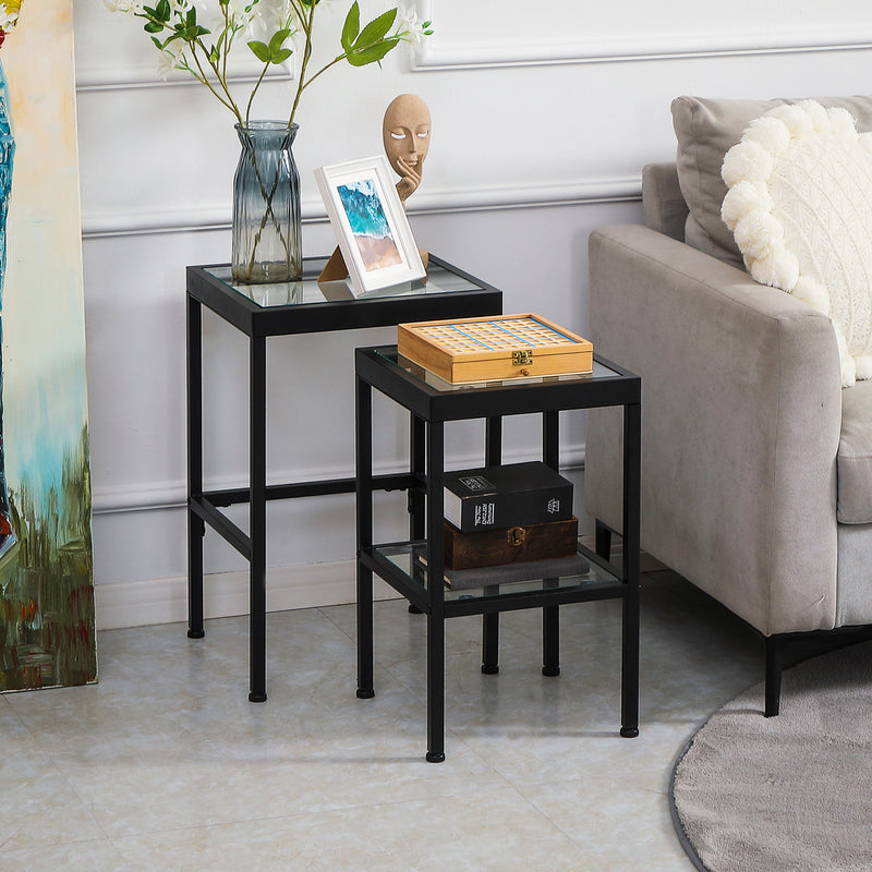 Set 2 Tavolini con Ripiano in Vetro e Struttura in Acciaio Nero