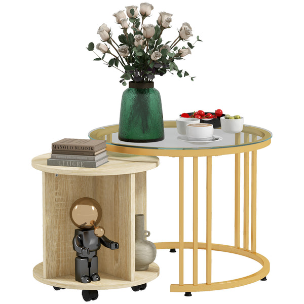acquista Set 2 Tavolini Impilabili Rotondi in Acciaio Vetro e Legno Truciolato Oro e Rovere