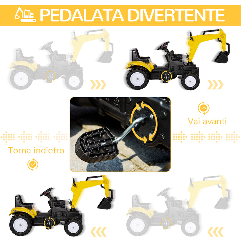 Trattore Ruspa a Pedali per Bambini 107x42x71 cm 6 Ruote in Acciaio e Plastica Giallo