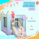 Castello Giostra Gonfiabile 250x165x200 cm per Bambini 3-8 Anni Scivolo e Area di Salto con Soffiatore Lilla e Azzurro 