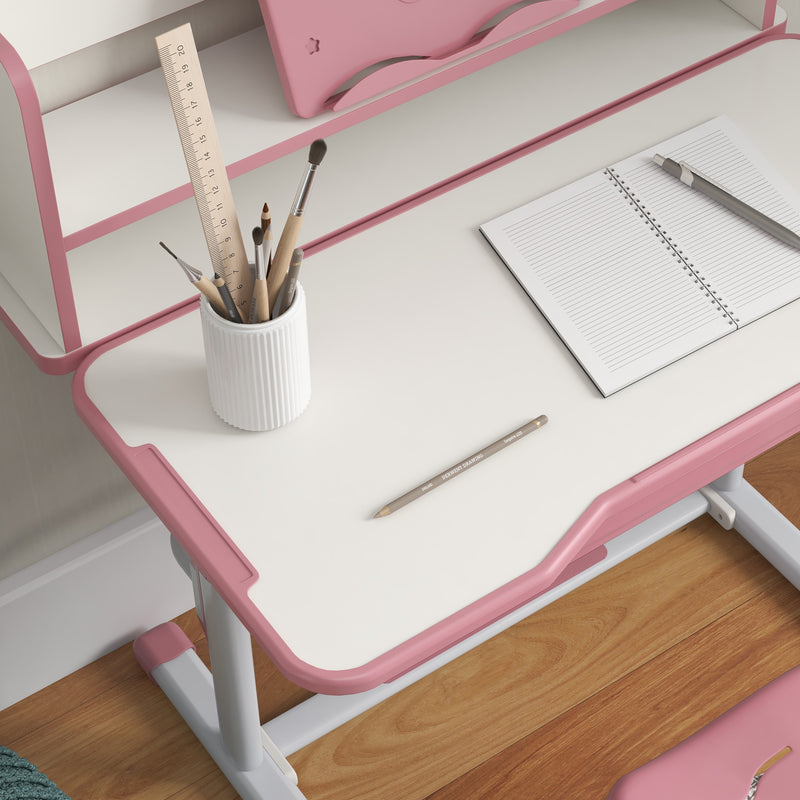 Banco Studio Scuola per Bambini 80x54,5x104 cm con Sedia Regolabile e Piano Inclinabile Rosa