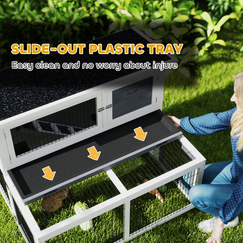 Conigliera a 2 Livelli 122x95x93,5 cm con Vassoio Estraibile  in Legno di Abete e Acciaio Grigio e Bianco  