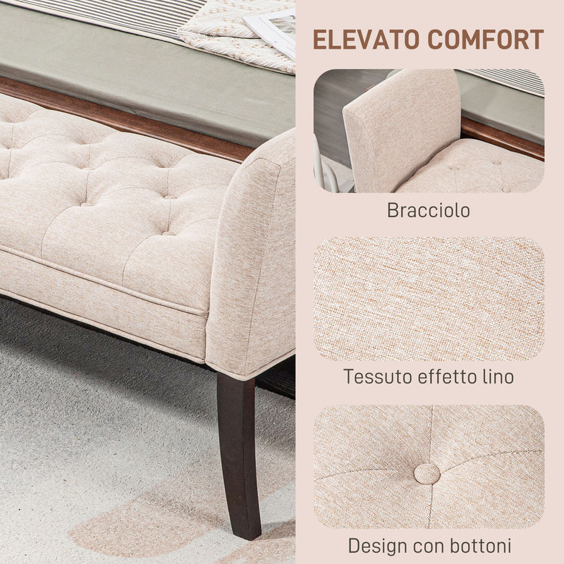 Panca Fondo Letto Imbottita e a Bottoni 141x44x65 cm in Legno e Tessuto Effetto Lino Beige  