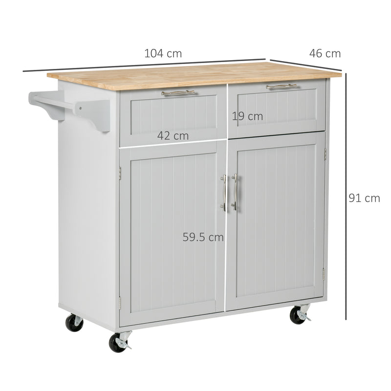 Carrello Isola da Cucina 2 Cassetti e Armadietto Piano in Legno 104x46x91 cm Grigio  