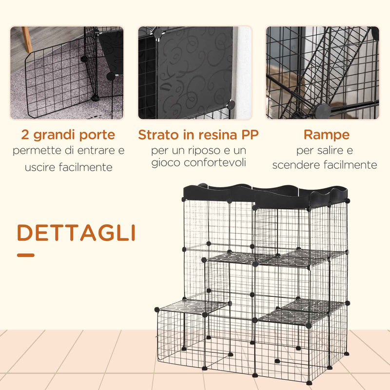 Recinto per Gatti e Roditori di Taglia Media 105x70x116 cm Modulabile e Multilivello in Acciaio e PP Nero  