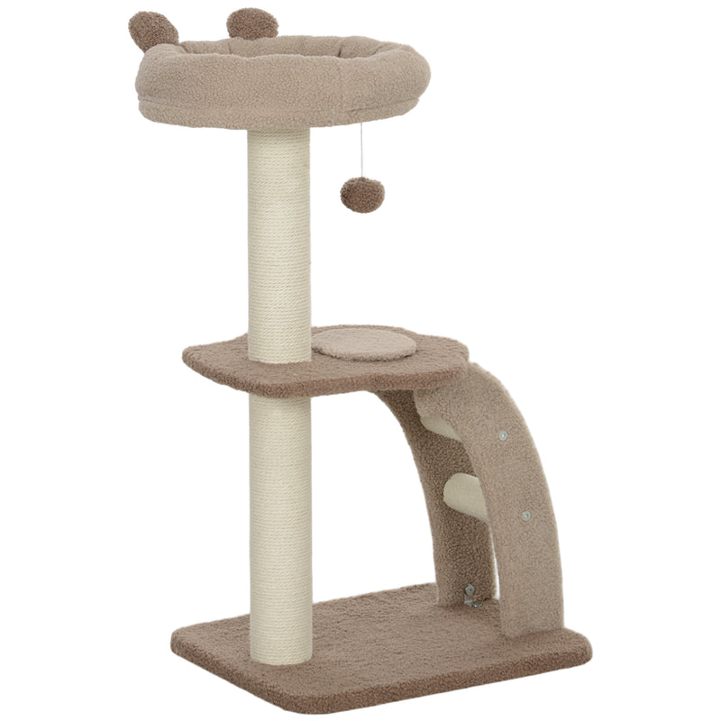 Albero Tiragraffi per Gatti 3 Livelli 48x40x88 cm Cuccia Rialzata in Juta e Peluche Bianco e Marrone