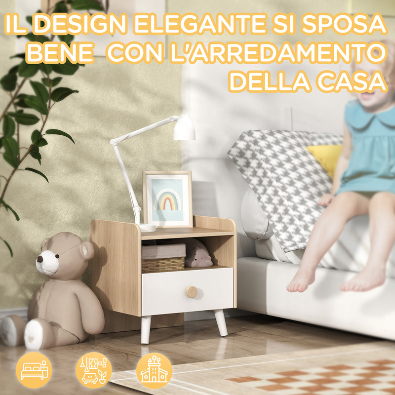 Comodino per Bambini con Cassetto e Vano a Giorno 40x32.5x40 cm in Legno Bianco 