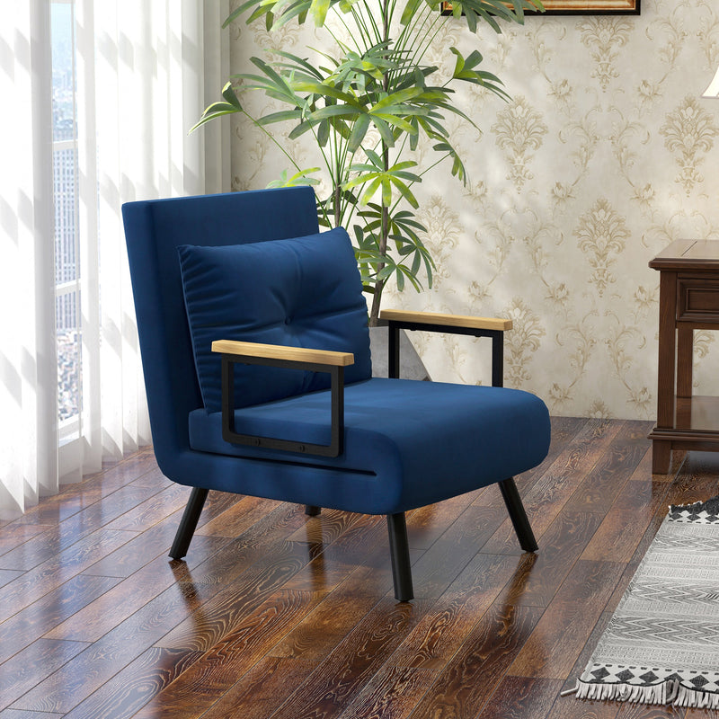 Poltrona Letto Singolo Reclinabile con Cuscino Sfoderabile in Tessuto Effetto Lino Blu  