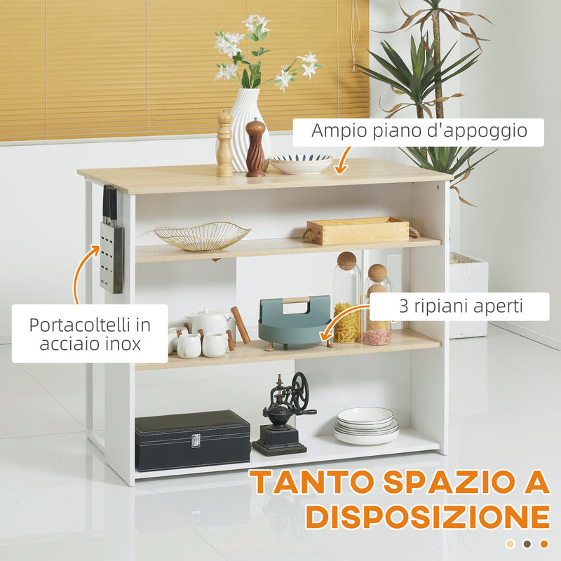 Isola da Cucina 3 Ripiani 105x65x90 cm  con Portacoltelli in Legno Truciolare Bianco