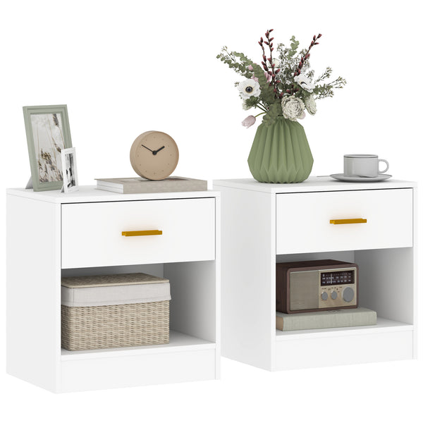 sconto Set 2 Comodini con Cassetto e Ripiano a Giorno in Legno 39x28x41 cm Bianco
