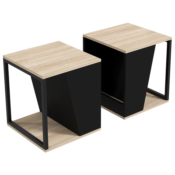 Set da 2 Tavolini da Caffè 40x40x45 cm con Vano Porta Oggetti in Truciolato e Acciaio Nero e Quercia sconto