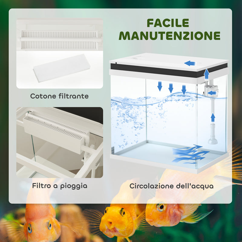 Acquario per Pesci Rossi 26L con Luci LED 38x26x38 cm Sistema di Filtraggio e Pompa d'Acqua Bianco   