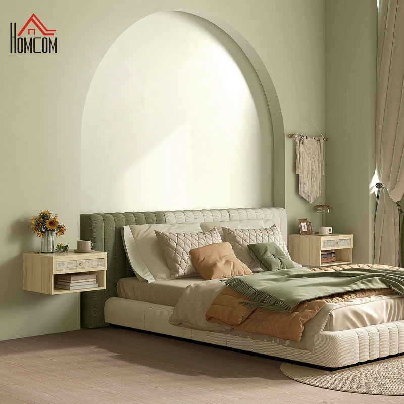 Set 2 Comodini con Cassetto e Ripiani Aperti in stile Nordico 40x34x23 cm in Truciolato e Rattan 