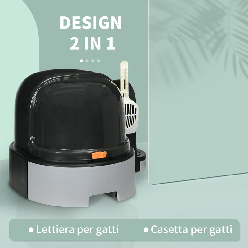 Lettiera per Gatti Chiusa con Coperchio Vassoio Estraibile e Paletta 52x60x42 cm Grigio Scuro  
