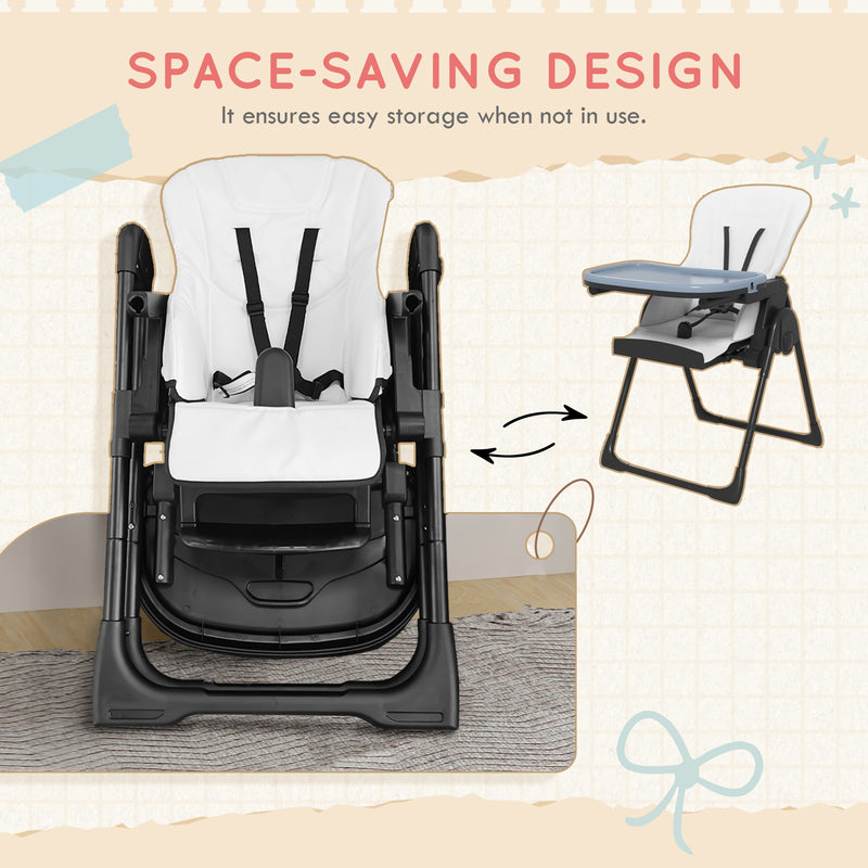 Seggiolone Pappa Pieghevole per Bambini 70x53x107 cm Altezza Regolabile e Schienale Inclinabile Nero e Bianco