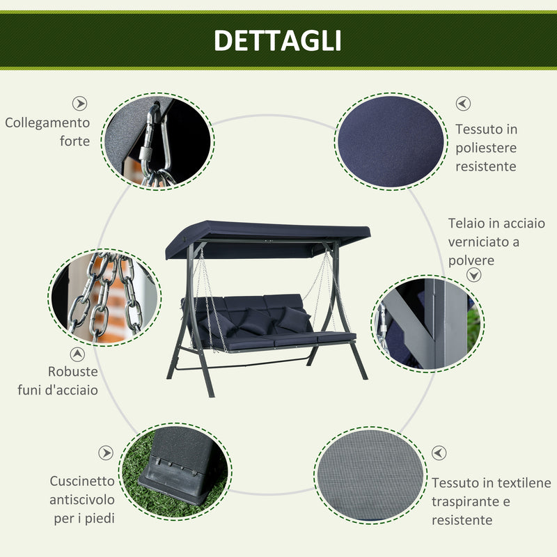 Dondolo da Giardino 3 Posti 198x118x168 cm Sedute Separate con Chaise Longue Blu Scuro   