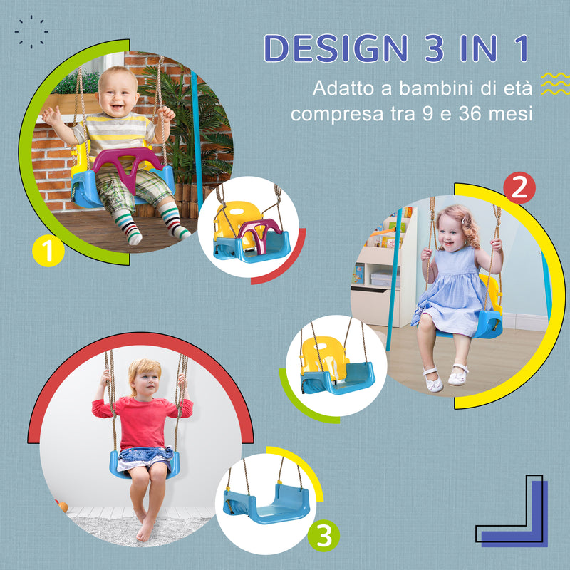 Altalena Bambini 3 in 1 Seduta Trasformabile Cintura di Sicurezza Età 9-36 Mesi da Interno ed Esterno Blu 