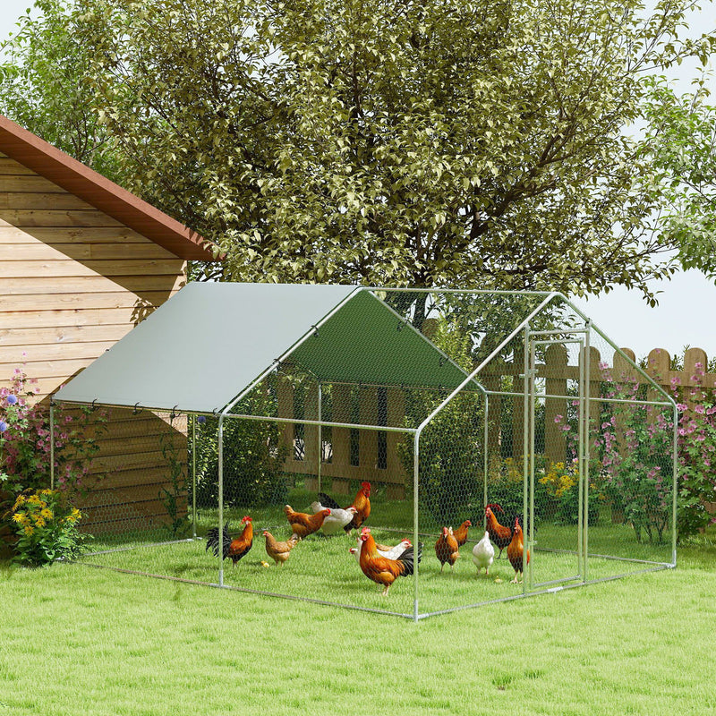 Recinto per Galline da 10 mq 300x340x190 cm per 10-15 Galline con Tetto Impermeabile in Acciaio e Tessuto Argento 