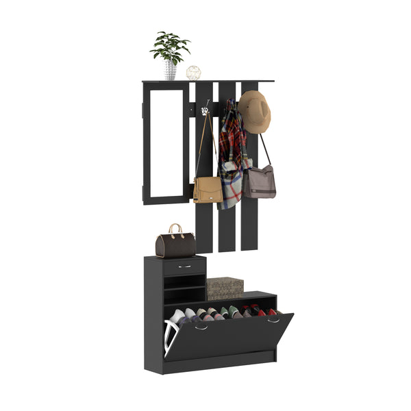 Mobile da Ingresso Appendiabiti con Scarpiera e Specchio 90x10x102 cm in Truciolato Nero prezzo