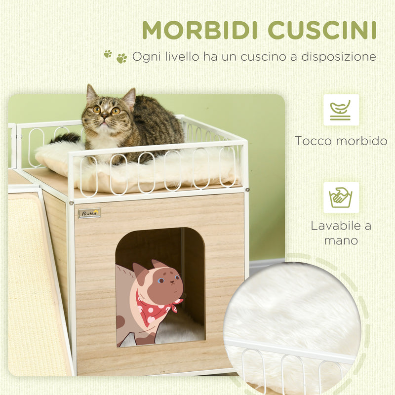 Casetta per Gatti 56x40x54 cm con Tiragraffi e Scaletta Legno e Bianco