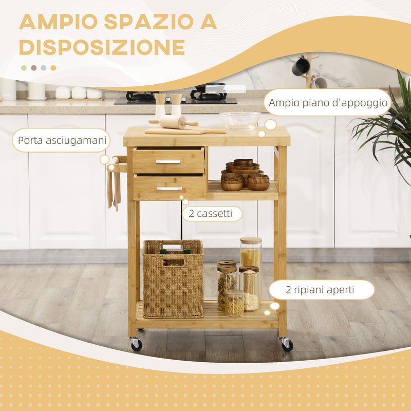 Carrello da Cucina 83x45x96 cm con Ruote in Bambù Naturale