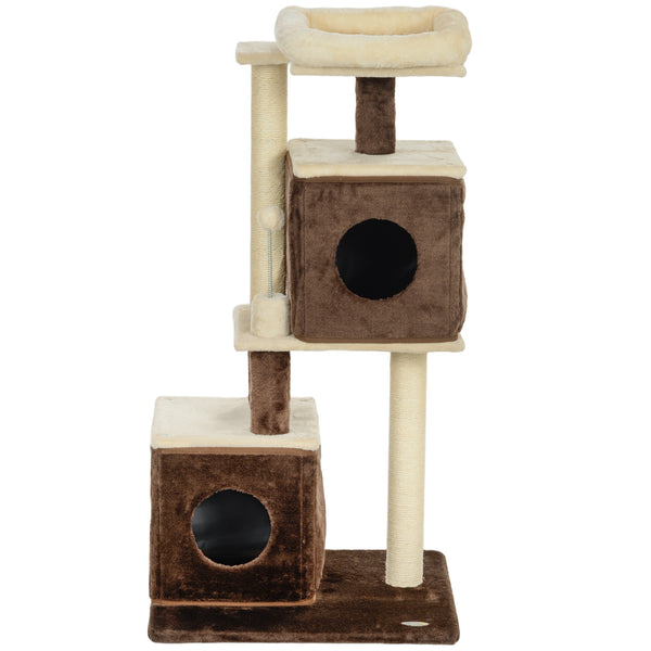 Albero Tiragraffi per Gatti 55x48x107 cm 2 Casette Lettino e Pallina in Tessuto Peluche Marrone e Beige sconto