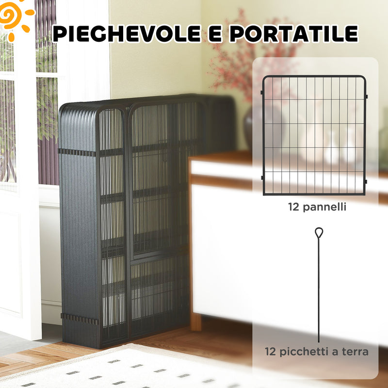Recinto per Cani a 12 Pannelli Modulabili 68x1,5x80 cm con Porta di Ingresso in Acciaio Nero   
