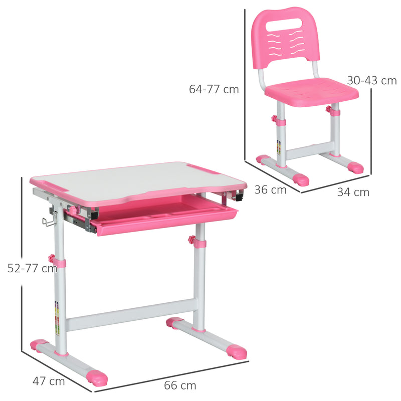 Banco Scuola per Bambini Piano Inclinabile e Sedia Regolabile 66x47x52-77 cm Rosa 