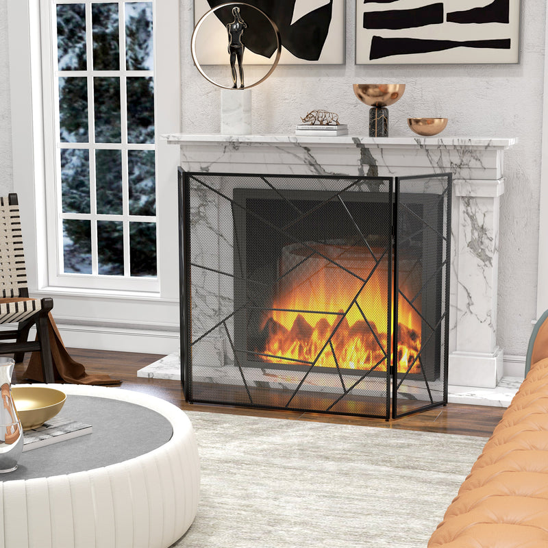 Parascintille con Antine 135x1,2x85 cm Pieghevole a 3 Pannelli Design Geometrico in Acciaio Nero