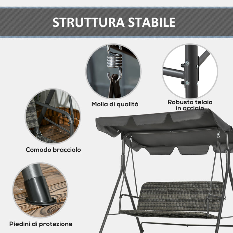 Dondolo da Giardino 3 Posti 167x112x153 cm con Tettuccio Regolabile in Rattan PE Grigio Scuro  