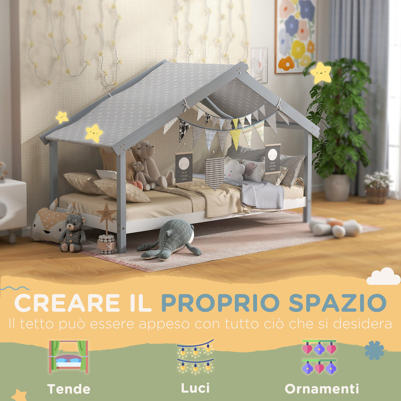 Letto Singolo per Bambini Casetta Tetto Stellato in Tessuto 213x100x140 cm Grigio  