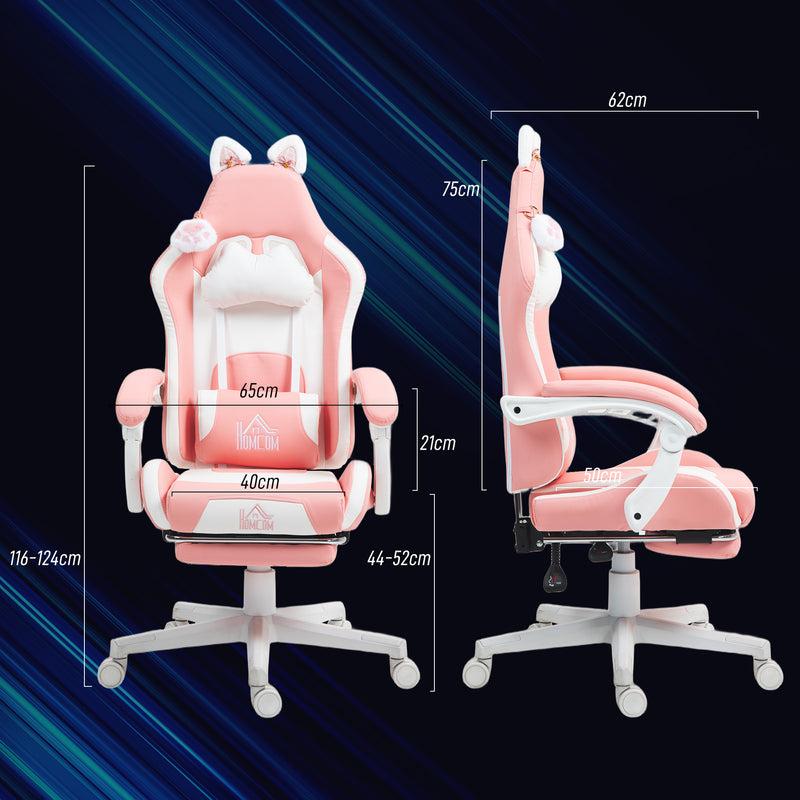 Sedia da Gaming Ergonomica con Orecchie da Gatto Poggiapiedi Retrattile e Schienale Reclinabile 135° Rosa  