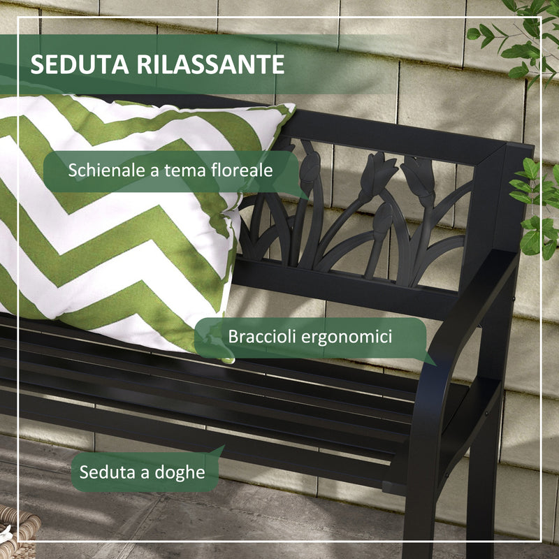 Panchina da Giardino  2 Posti  con Schienale Decorato e Braccioli 125x50x75 cm in Acciaio Nero