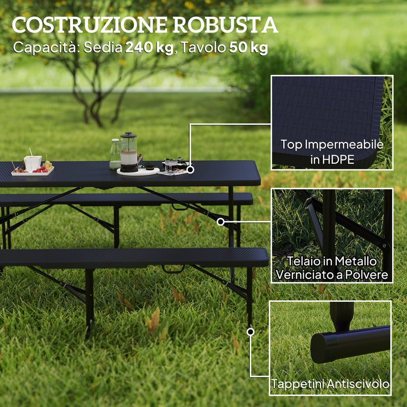 Set da Pic Nic Pieghevole a 3 Pezzi con Tavolo e 2 Panche in HDPE e Metallo Nero    