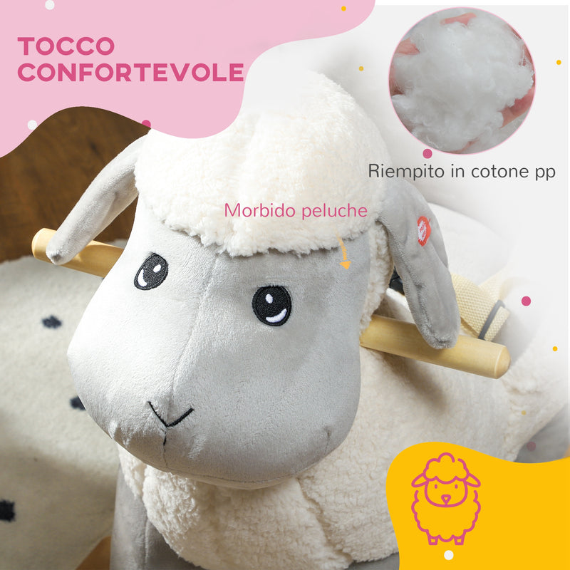 Cavallo a Dondolo per Bambini in Legno e Peluche Pecorella Grigio  