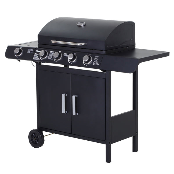 sconto Barbecue a Gas a 5 Fornelli con Ripiani Laterali e Armadietto 125x51x100 cm in Acciaio e PP Nero