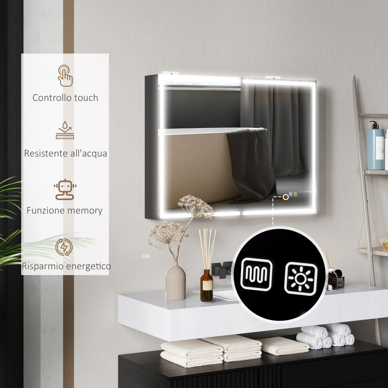 Armadietto a Specchio da Bagno 80x12,8x60 cm Illuminato a LED 3 Tonalità in Vetro e Alluminio Nero  