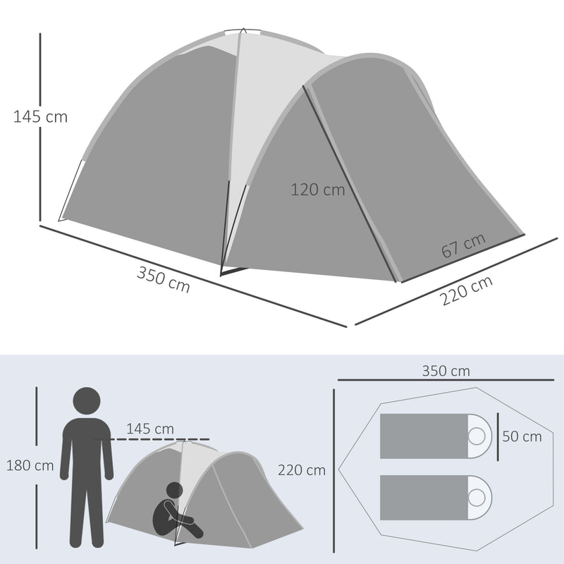 Tenda da Campeggio a Cupola per 2 Persone Estensibile 350x220x145 cm con 4 Porte e 3 Finestre Grigio