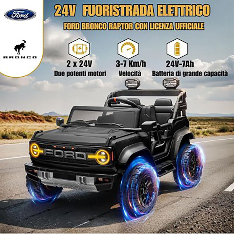 Macchina Elettrica per Bambini 24V Licenza Ford Bronco Raptor 2 Posti con Telecomando Nero