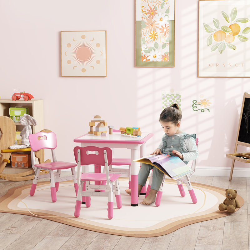 Set Tavolo con 4 Sedie per Bambini Altezza Regolabile Rosa  