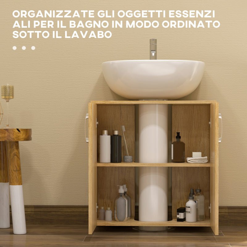 Mobile Sottolavello da Bagno Sospeso 2 Ante e 2 Ripiani 60x30x60 cm Colore Naturale 