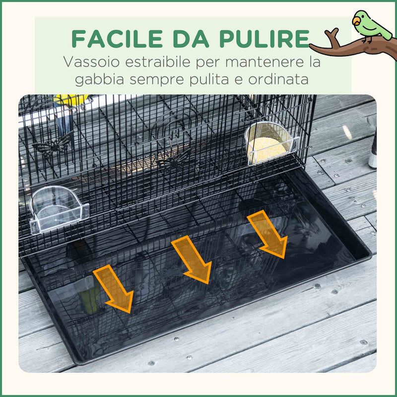 Gabbia per Uccelli 60x41x41 cm con 2 Posatoi e 3 Ingressi in Filo Metallico e Plastica Nero  