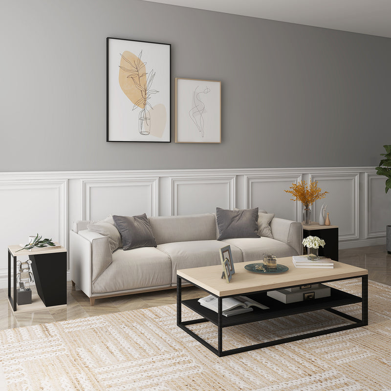 Set da 2 Tavolini da Caffè 40x40x45 cm con Vano Porta Oggetti in Truciolato e Acciaio Nero e Quercia