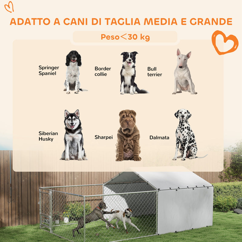 Recinto per Cani Taglia Media e Grande fino a 3 kg 400x230x150 cm Porta Ciotole Girevole Argento   