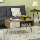 Tavolino da Caffè  90x45x46 cm con Ripiano Aperto e Cassetto in Truciolato e Metallo Marrone e Nero