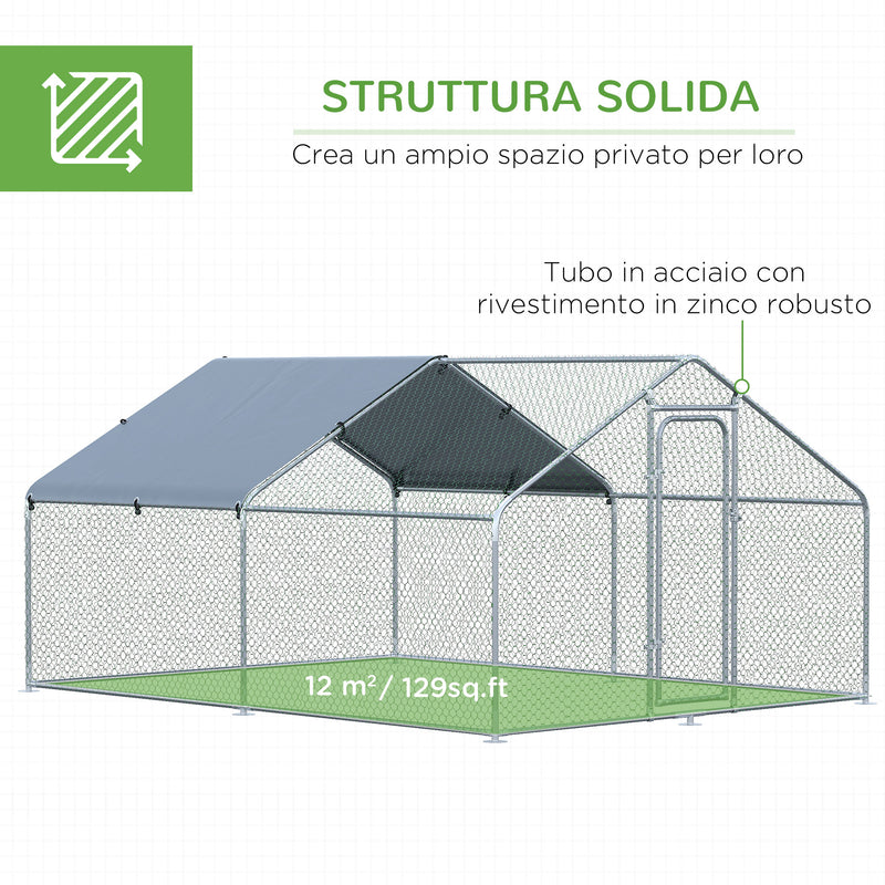 Pollaio Gabbia per Galline 300x400x195 cm in Metallo con Copertura in Tessuto Oxford Argento