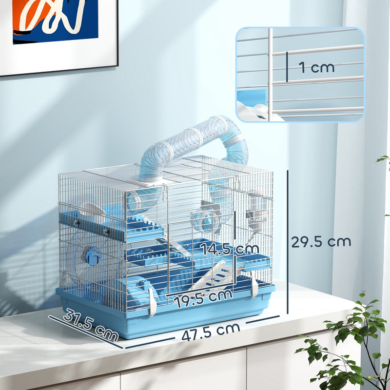 Gabbia per Criceti a 3 Piani 47,5x31,5x29,5H cm con Accessori Azzurro   