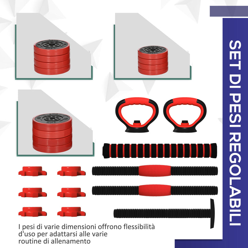 Set Pesi da Palestra 4 in 1 da 20kg Convertibile in Kettlebell Manubri Bilanciere Rosso    